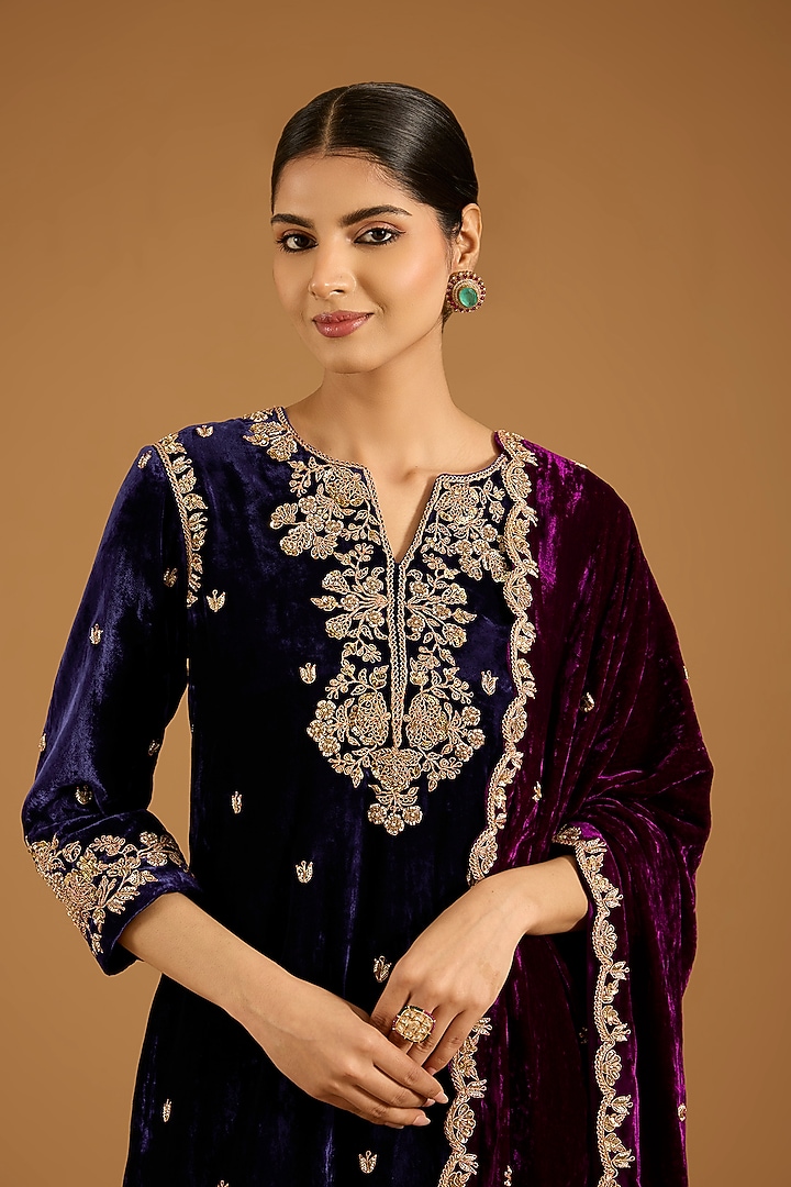 Purple Velvet Marori Embroidered Kurta Set by SURBHI SHAH at Pernia's Pop Up Shop