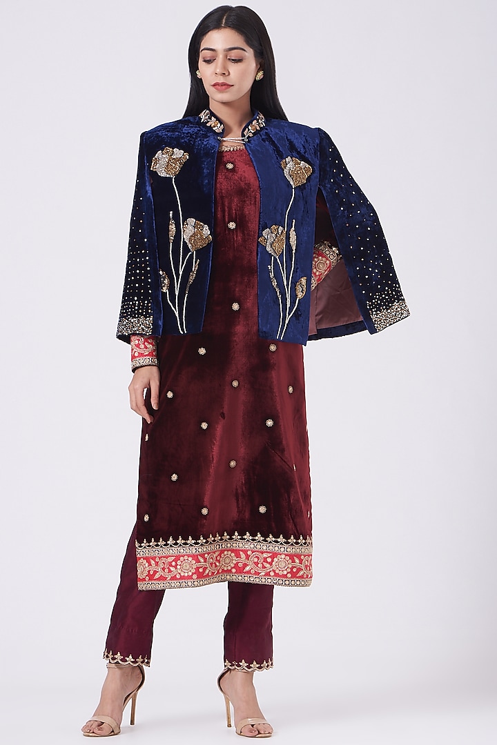 Blue Hand Embroidered Cape by SURBHI SHAH