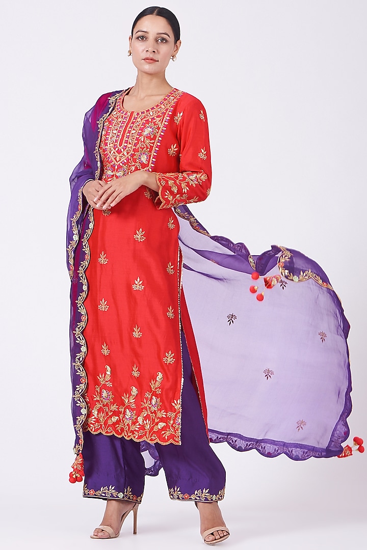 Coral Red Hand Embroidered Kurta Set by SURBHI SHAH