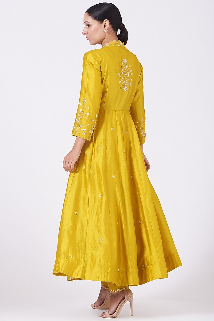 Dandelion Yellow Hand Embroidered Angrakha Kurta Set by SURBHI SHAH at Pernia's Pop Up Shop