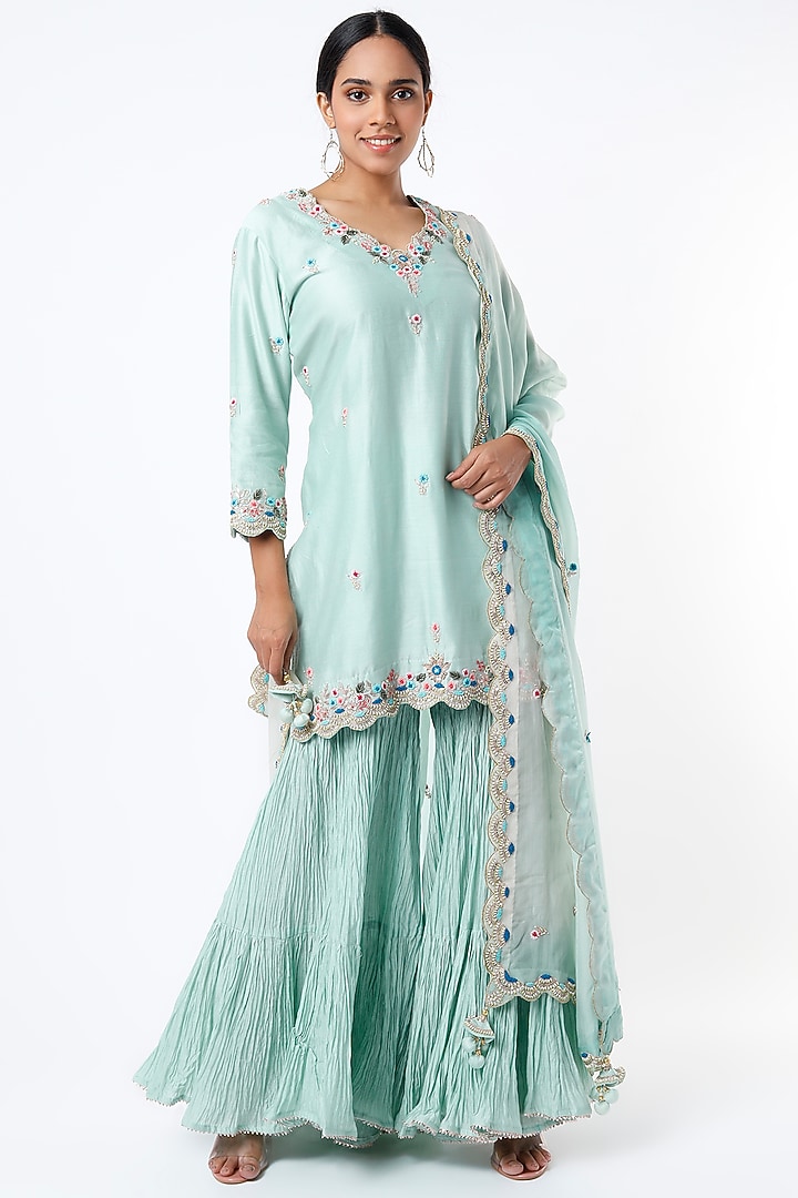 Light Blue Embroidered Wedding Sharara Set by SURBHI SHAH at Pernia's Pop Up Shop