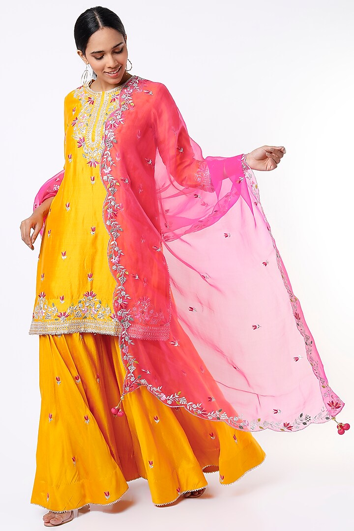 Mustard Hand Embroidered Wedding Sharara Set by SURBHI SHAH at Pernia's Pop Up Shop