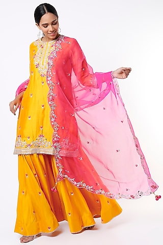 Mustard Hand Embroidered Sharara Set by SURBHI SHAH