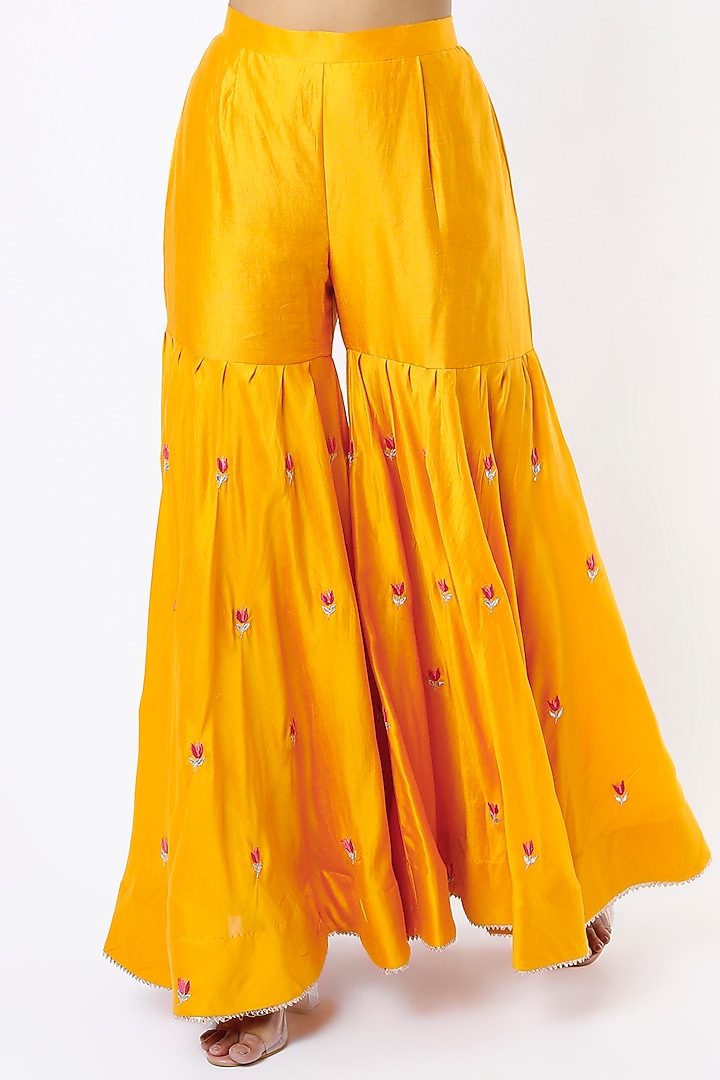 Mustard Hand Embroidered Wedding Sharara Set by SURBHI SHAH at Pernia's Pop Up Shop