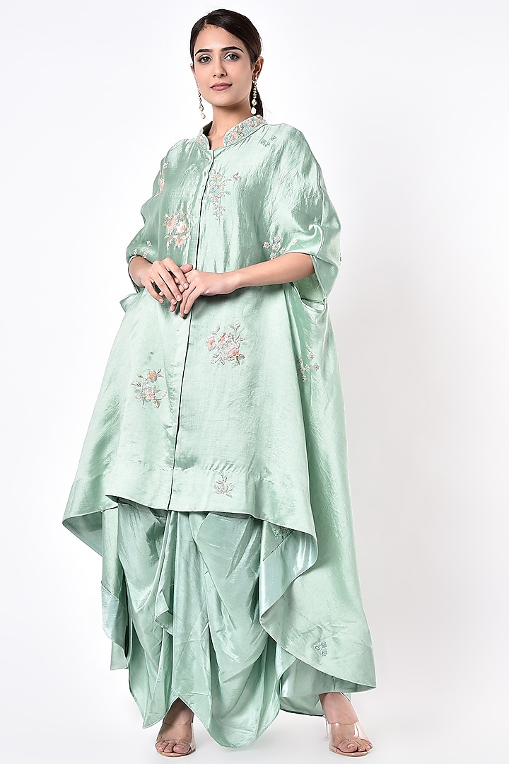 Mint Blue Hand Embroidered Cape Set by SURBHI SHAH at Pernia's Pop Up Shop