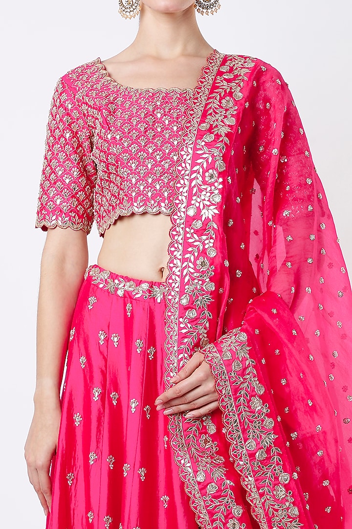 Candy Pink Hand Embroidered Wedding Lehenga Set by SURBHI SHAH at Pernia's Pop Up Shop