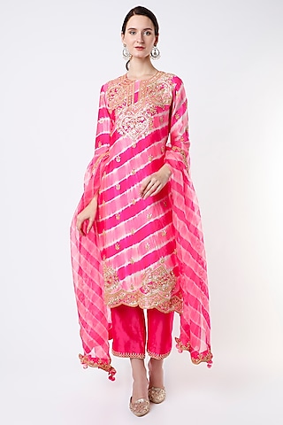 Candy Pink Embroidered Leheriya Kurta Set by SURBHI SHAH