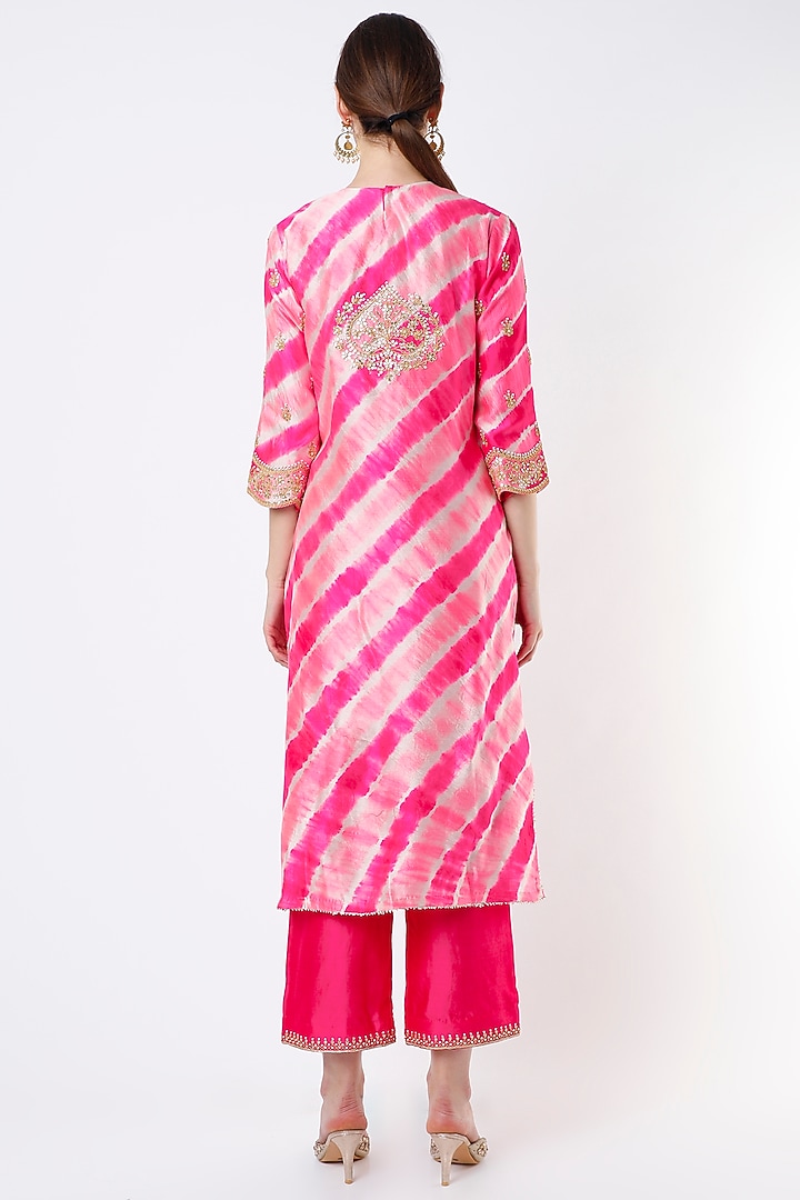 Candy Pink Embroidered Leheriya Kurta Set by SURBHI SHAH at Pernia's Pop Up Shop