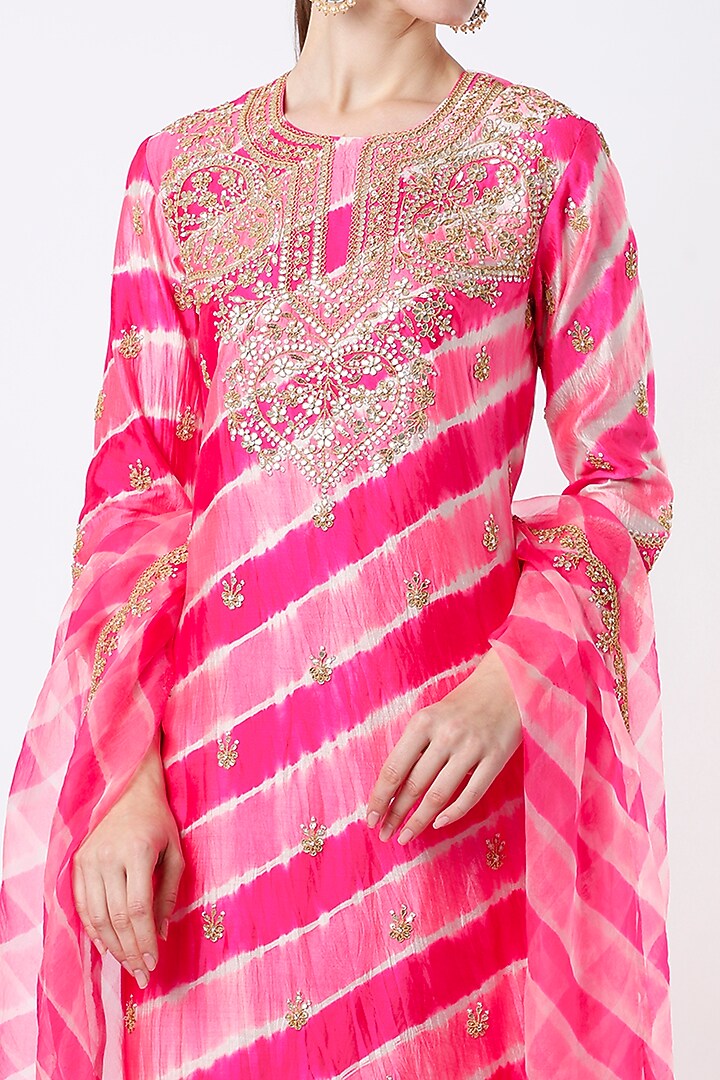Candy Pink Embroidered Leheriya Kurta Set by SURBHI SHAH at Pernia's Pop Up Shop