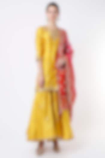 Dandelion Yellow Hand Embroidered Sharara Set by SURBHI SHAH