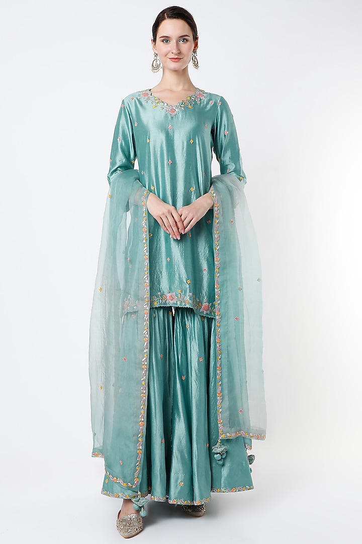 Medium Turquoise Spun Silk Sharara Set by SURBHI SHAH