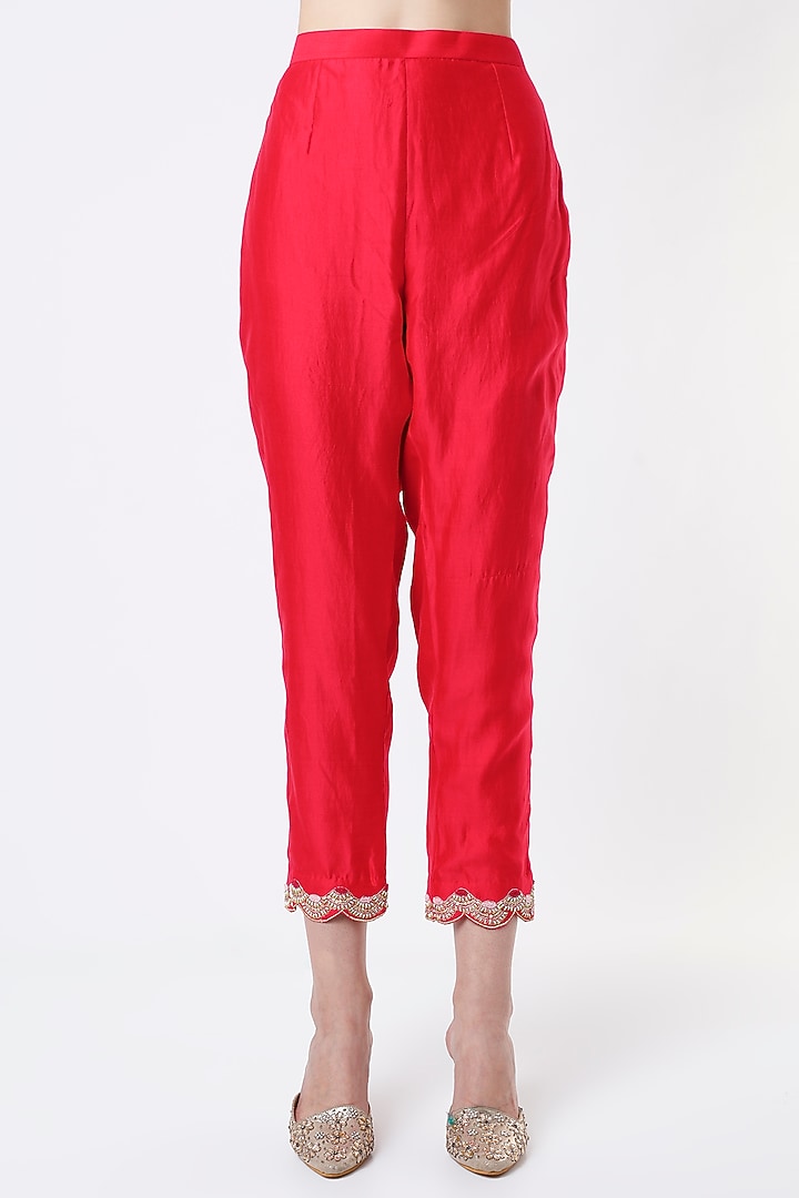 Bright Red Hand Embroidered Kurta Set by SURBHI SHAH at Pernia's Pop Up Shop