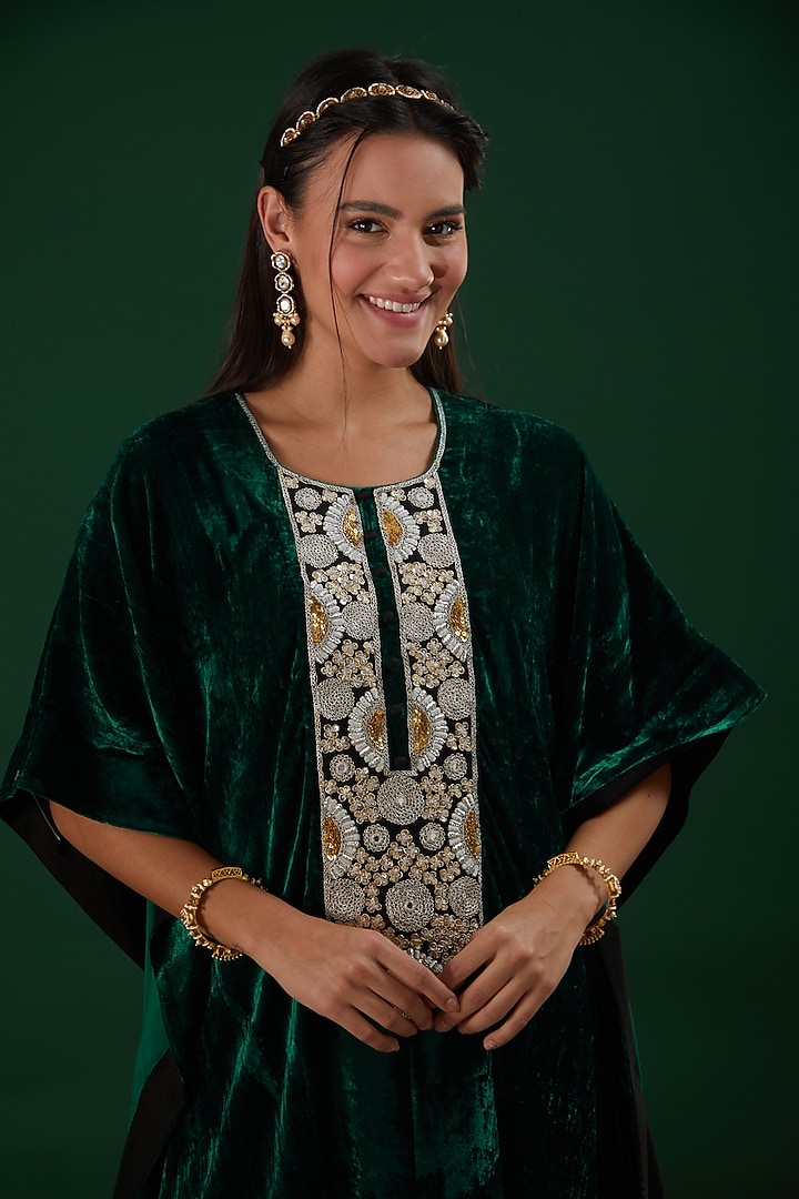 Dark Green Embroidered Kaftan Set by SURBHI SHAH at Pernia's Pop Up Shop