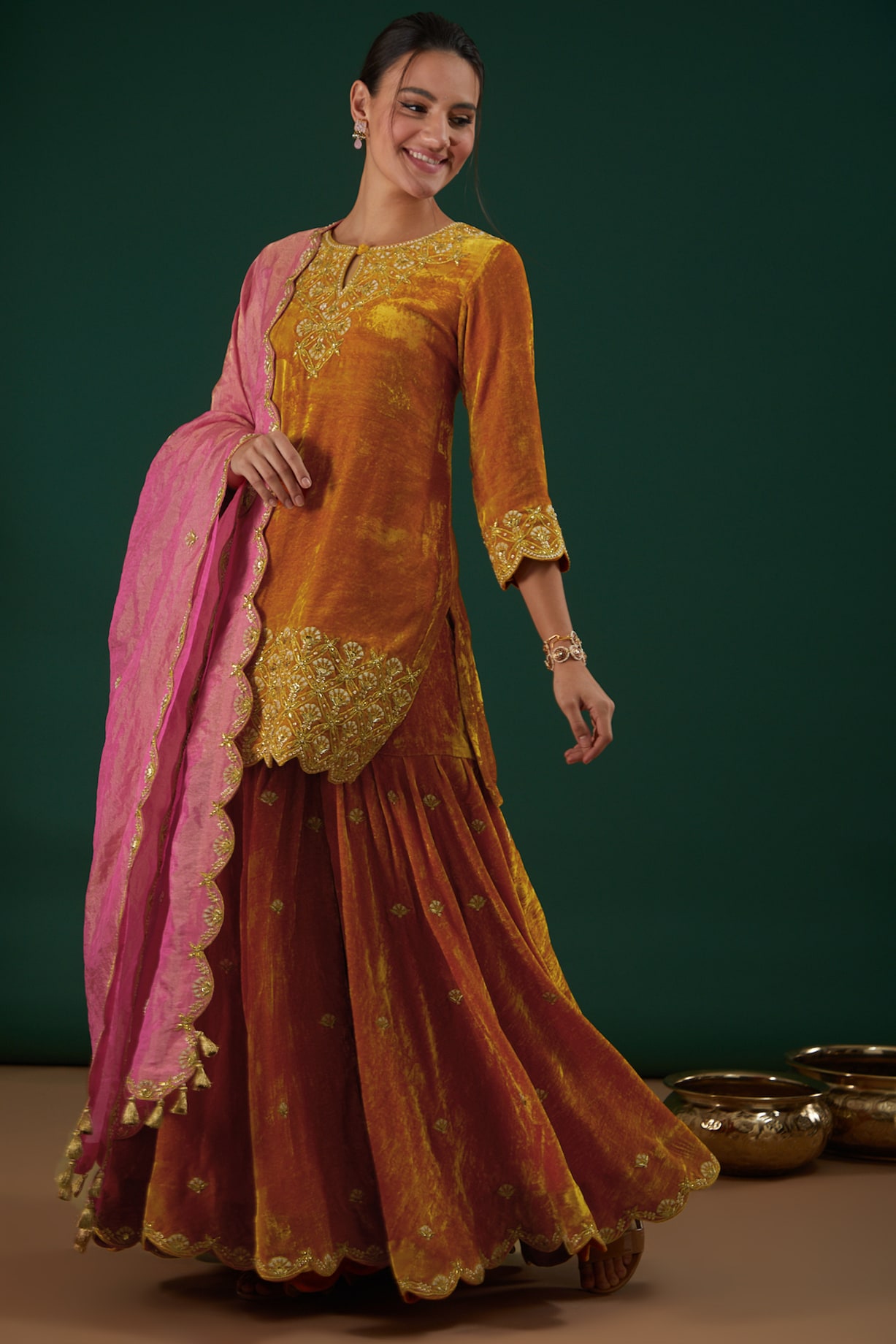 Mustard Yellow Velvet Sharara Set by SURBHI SHAH at Pernia's Pop