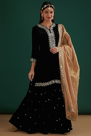 Black Velvet Sharara Set by SURBHI SHAH