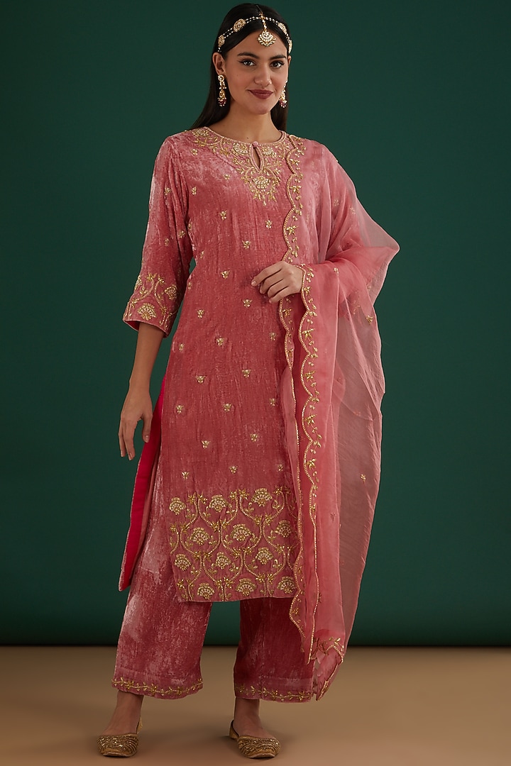 Rose Gold Hand Embroidered Kurta Set by SURBHI SHAH at Pernia's Pop Up Shop