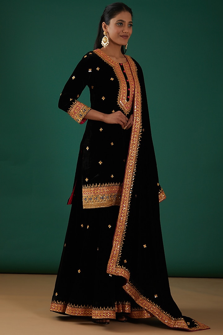 Black Pure Velvet Sharara Set by SURBHI SHAH at Pernia's Pop Up Shop