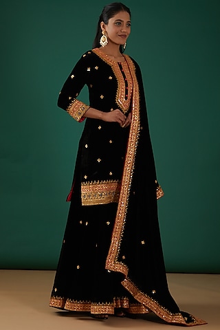 Black Pure Velvet Sharara Set by SURBHI SHAH
