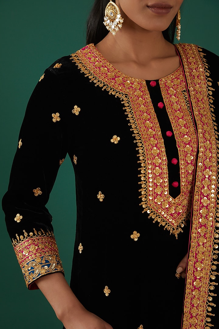 Black Pure Velvet Wedding Sharara Set by SURBHI SHAH at Pernia's Pop Up Shop