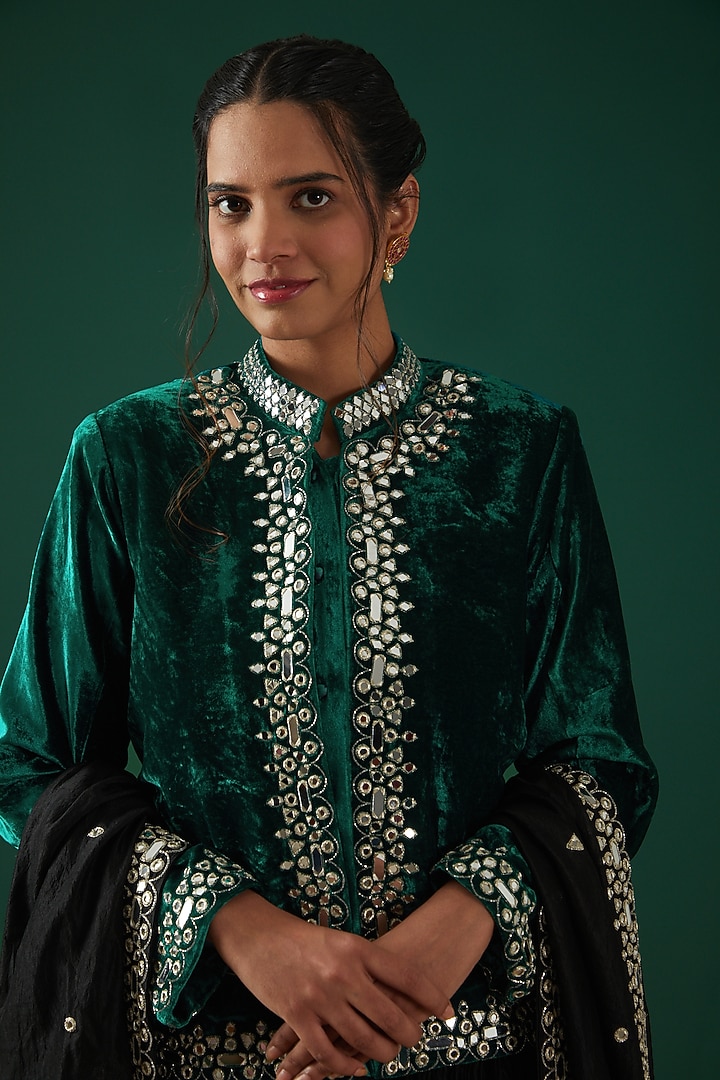 Teal Green Velvet Embroidered Jacket Set by SURBHI SHAH at Pernia's Pop Up Shop