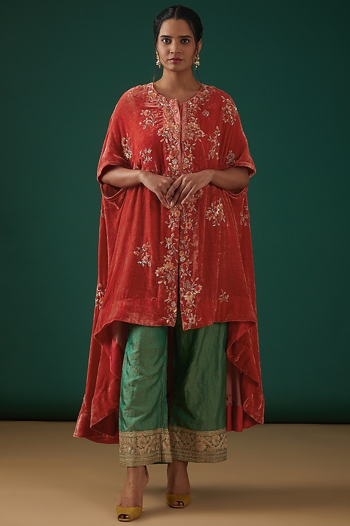 Tomato Red Velvet Hand Embroidered Cape by SURBHI SHAH