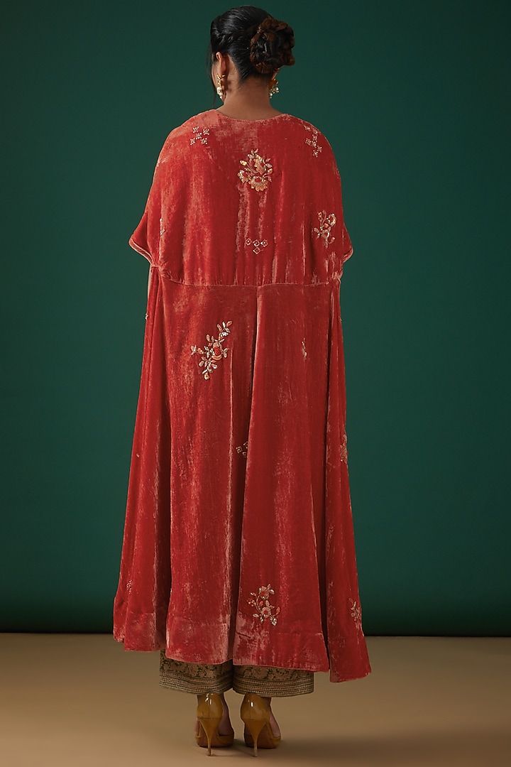 Tomato Red Velvet Hand Embroidered Cape by SURBHI SHAH at Pernia's Pop Up Shop