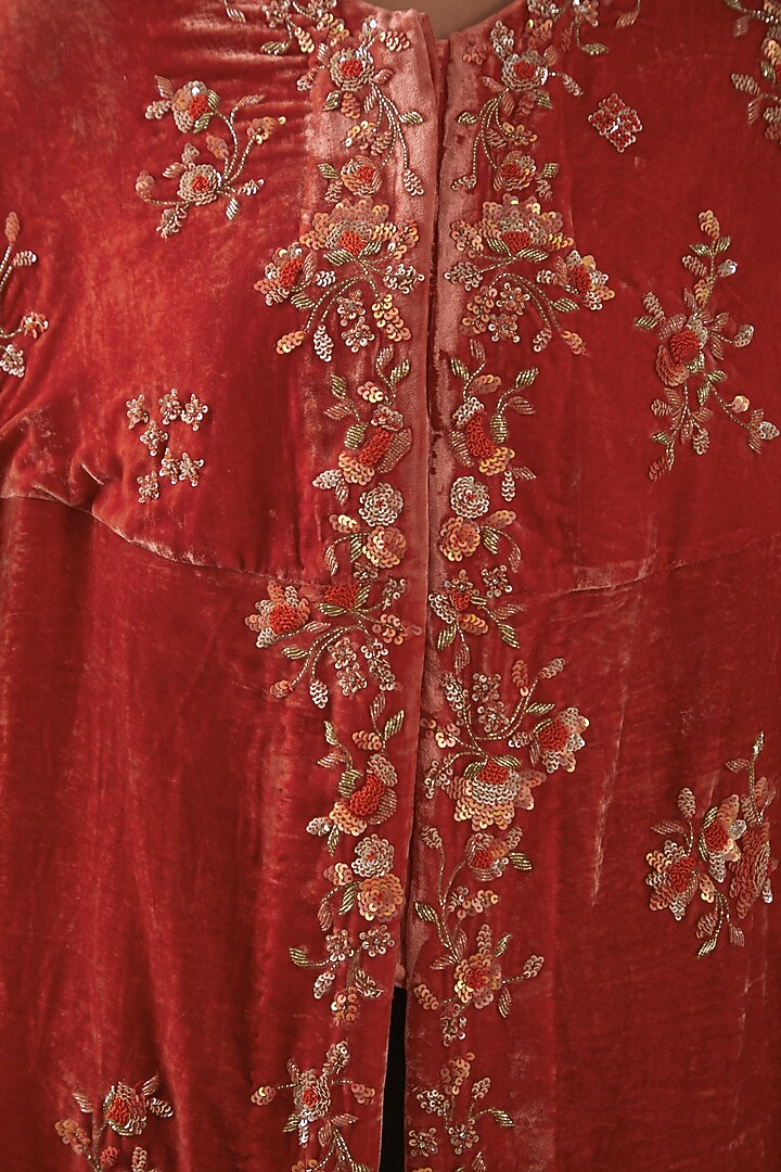 Tomato Red Velvet Hand Embroidered Cape by SURBHI SHAH at Pernia's Pop Up Shop