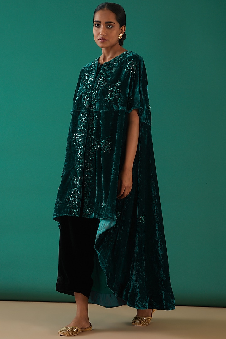 Teal Green Pure Velvet Hand Embroidered Cape Set by SURBHI SHAH