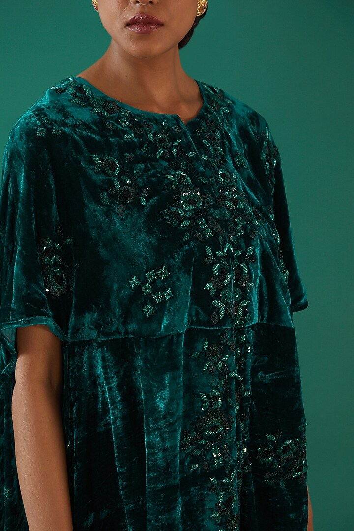 Teal Green Pure Velvet Hand Embroidered Cape Set by SURBHI SHAH at Pernia's Pop Up Shop