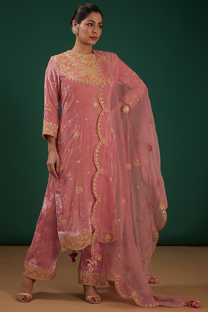Rose Gold Hand Embroidered Kurta Set by SURBHI SHAH at Pernia's Pop Up Shop