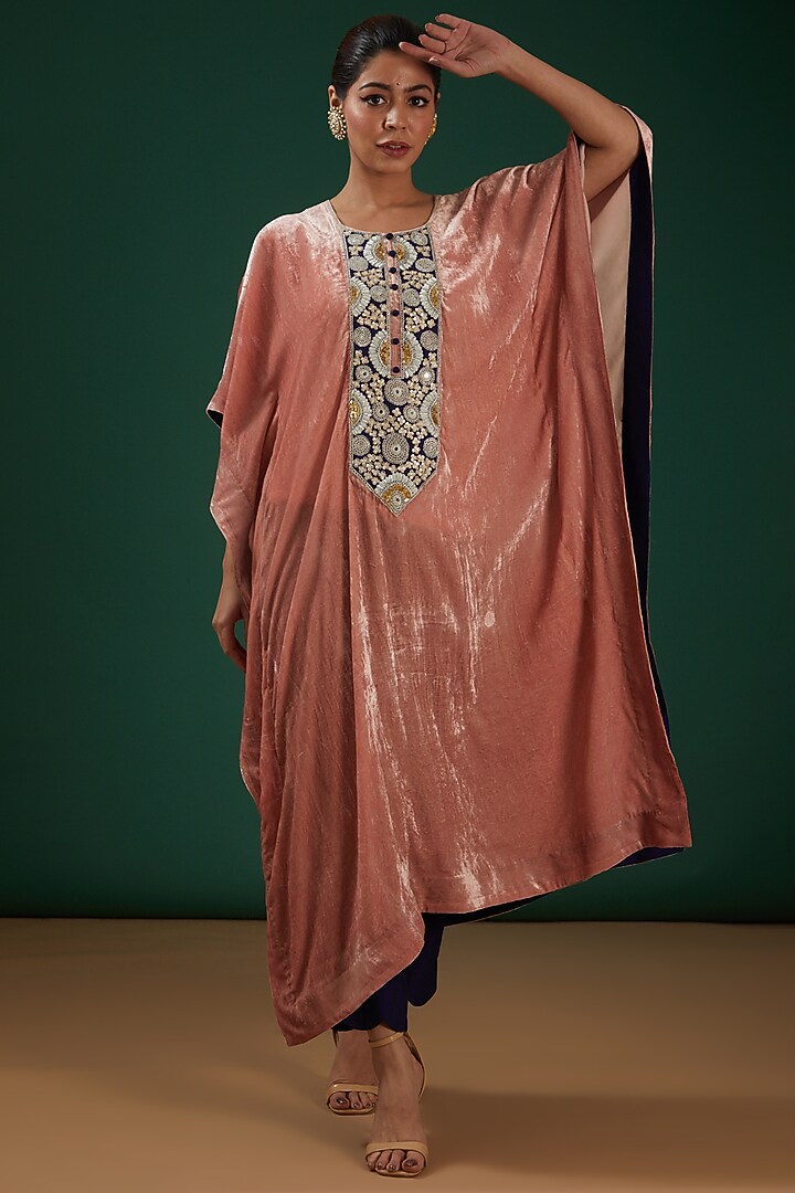 Rose Gold Hand Embroidered Kaftan Set by SURBHI SHAH at Pernia's Pop Up Shop
