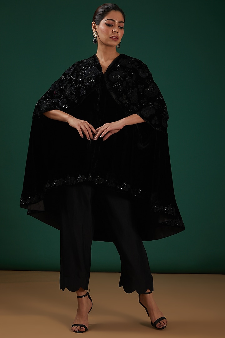 Black Hand Embroidered Cape by SURBHI SHAH
