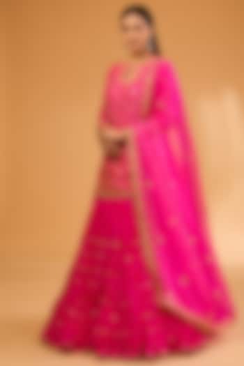 Hot Pink Kora Silk Crush Skirt Set by SURBHI SHAH at Pernia's Pop Up Shop