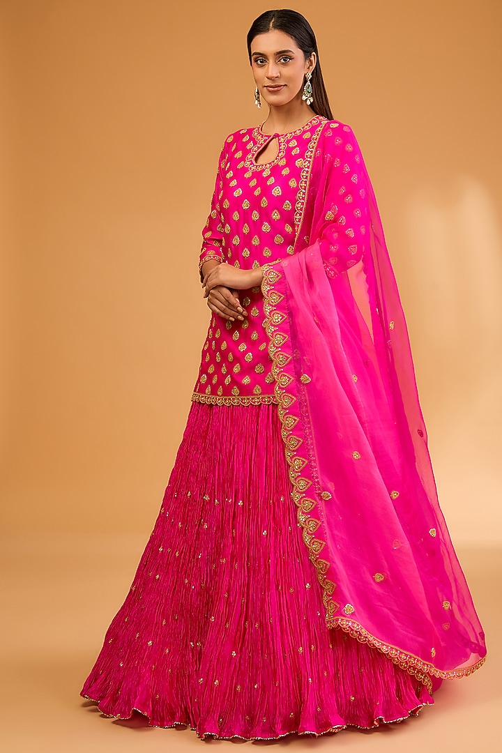 Hot Pink Kora Silk Crush Skirt Set by SURBHI SHAH at Pernia's Pop Up Shop