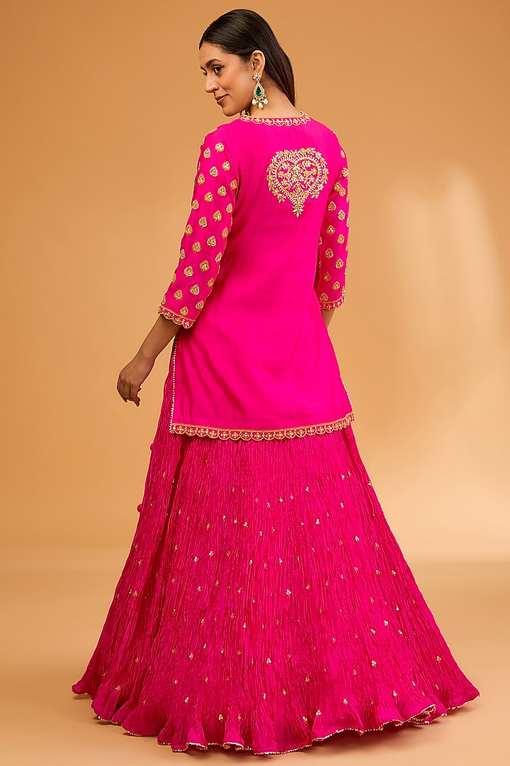 Hot Pink Kora Silk Crush Skirt Set by SURBHI SHAH at Pernia's Pop Up Shop