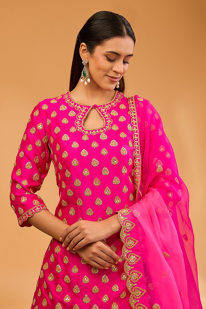 Hot Pink Kora Silk Crush Skirt Set by SURBHI SHAH at Pernia's Pop Up Shop