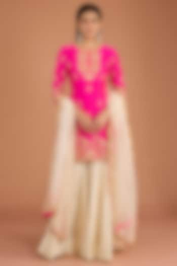 Hot Pink Pure Spun Silk Pearl Embroidered Kurta Set by SURBHI SHAH at Pernia's Pop Up Shop