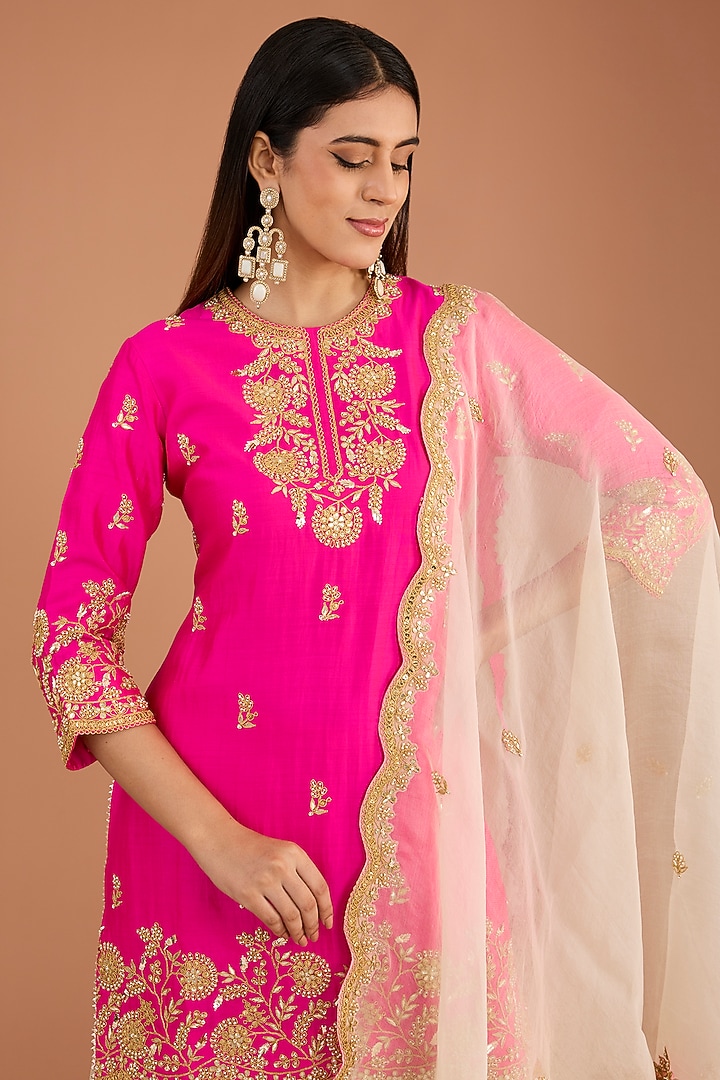 Hot Pink Pure Spun Silk Pearl Embroidered Kurta Set by SURBHI SHAH at Pernia's Pop Up Shop