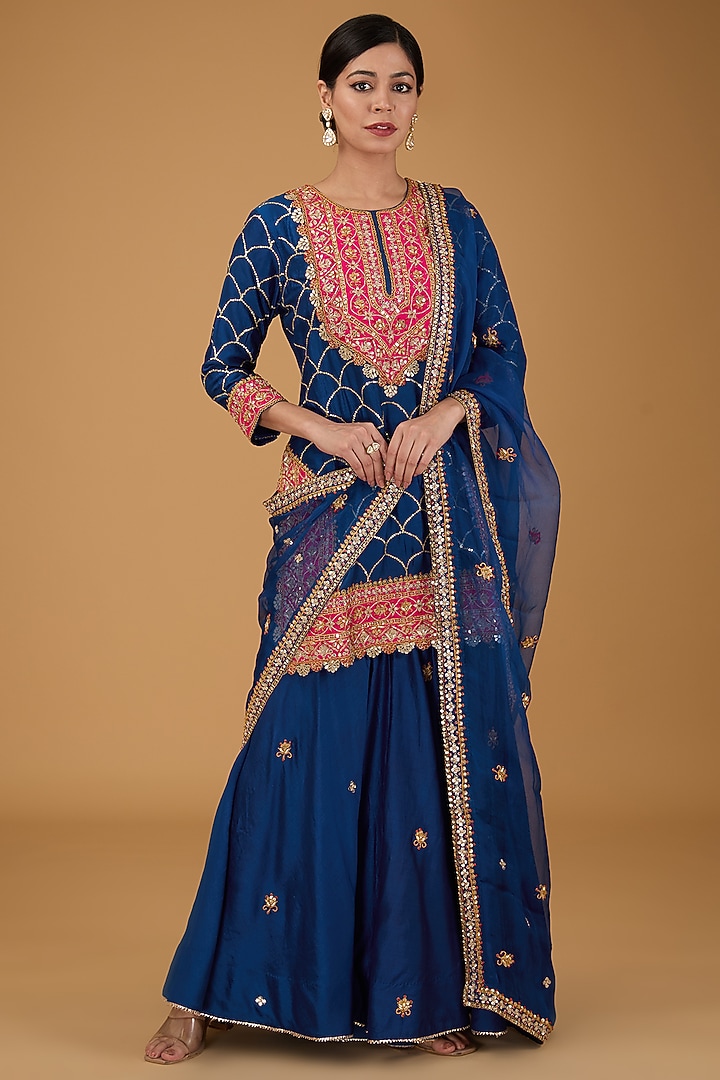 Blue Pure Spun Silk Wedding Sharara Set by Surbhi Shah at Pernia's Pop Up Shop