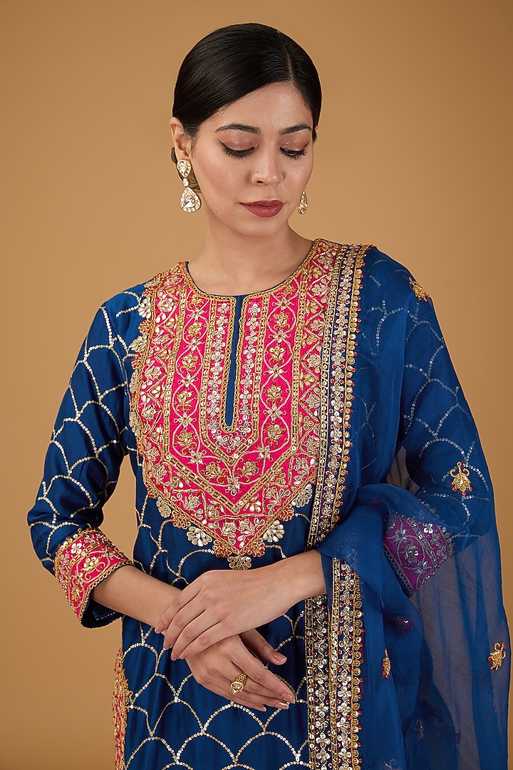 Blue Pure Spun Silk Wedding Sharara Set by Surbhi Shah at Pernia's Pop Up Shop
