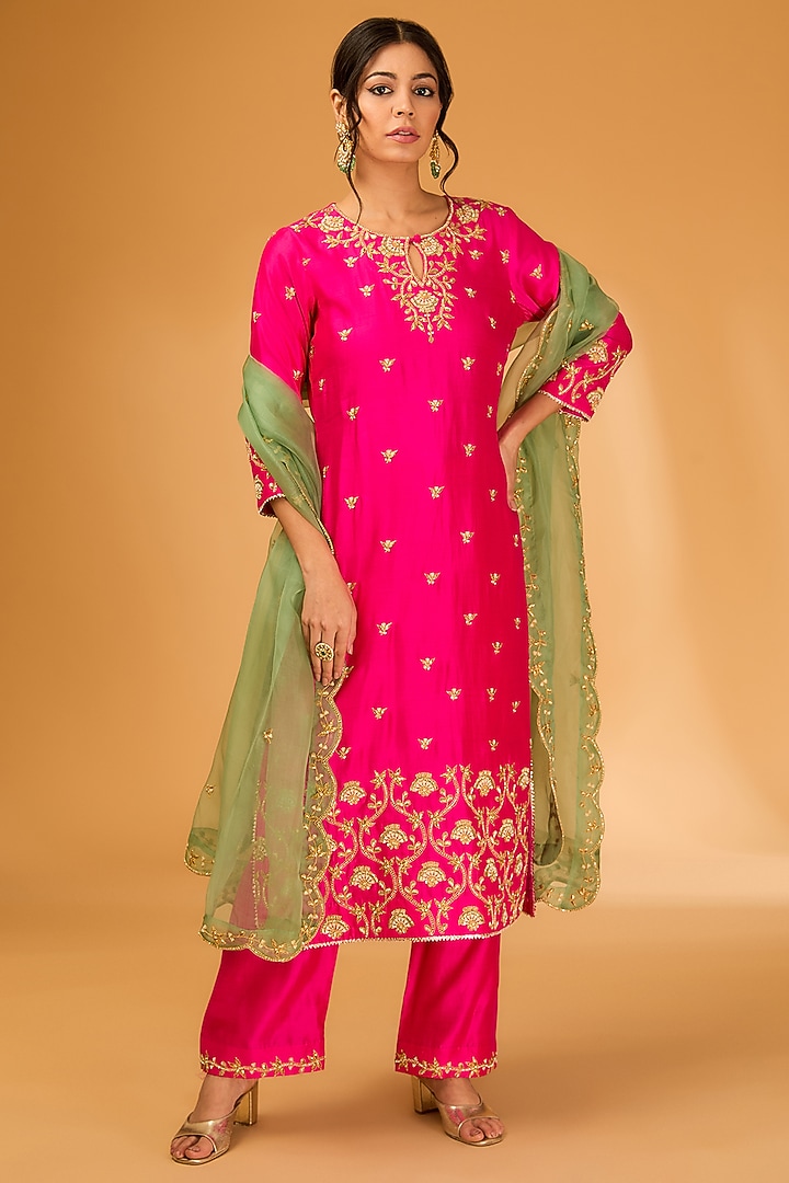 Hot Pink Spun Silk Pearl & Zardosi Embroidered Kurta Set by SURBHI SHAH at Pernia's Pop Up Shop