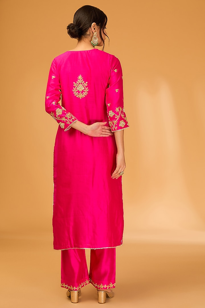 Hot Pink Spun Silk Pearl & Zardosi Embroidered Kurta Set by SURBHI SHAH at Pernia's Pop Up Shop