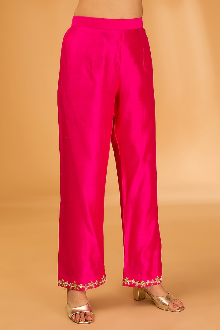 Hot Pink Spun Silk Pearl & Zardosi Embroidered Kurta Set by SURBHI SHAH at Pernia's Pop Up Shop