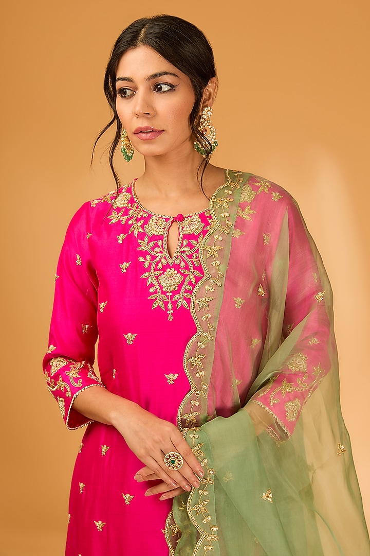 Hot Pink Spun Silk Pearl & Zardosi Embroidered Kurta Set by SURBHI SHAH at Pernia's Pop Up Shop