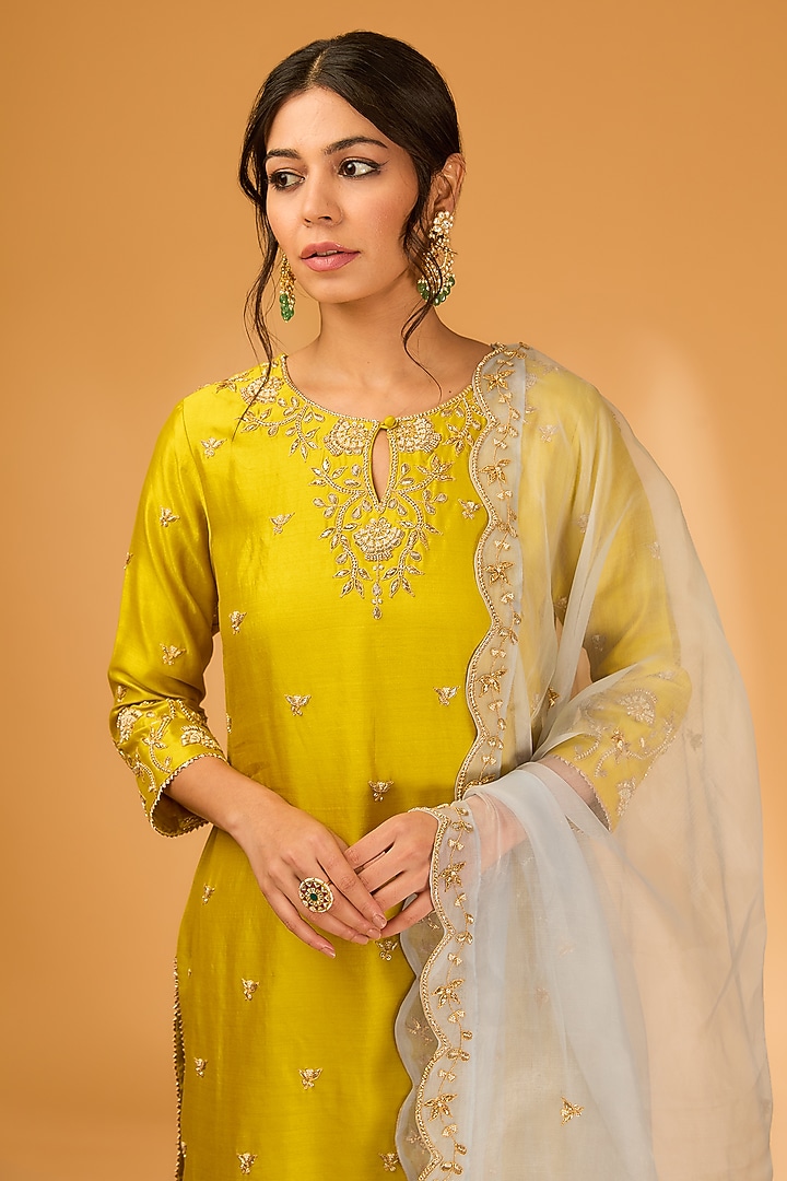 Yellow Spun Silk Marori & Zardosi Embroidered Kurta Set by SURBHI SHAH at Pernia's Pop Up Shop