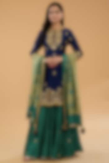Green Spun Silk Marori Work Gharara Set by SURBHI SHAH