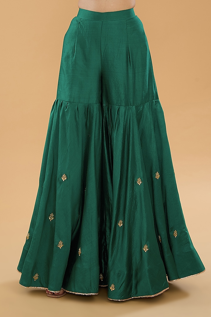 Green Spun Silk Marori Work Gharara Set by SURBHI SHAH at Pernia's Pop Up Shop