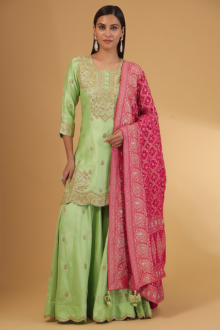 Pista Green Pure Spun Silk Gota Marori Work Sharara Set by SURBHI SHAH at Pernia's Pop Up Shop