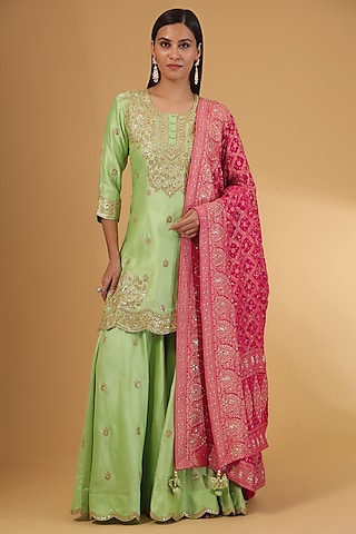 Pista Green Pure Spun Silk Gota Marori Work Sharara Set by SURBHI SHAH