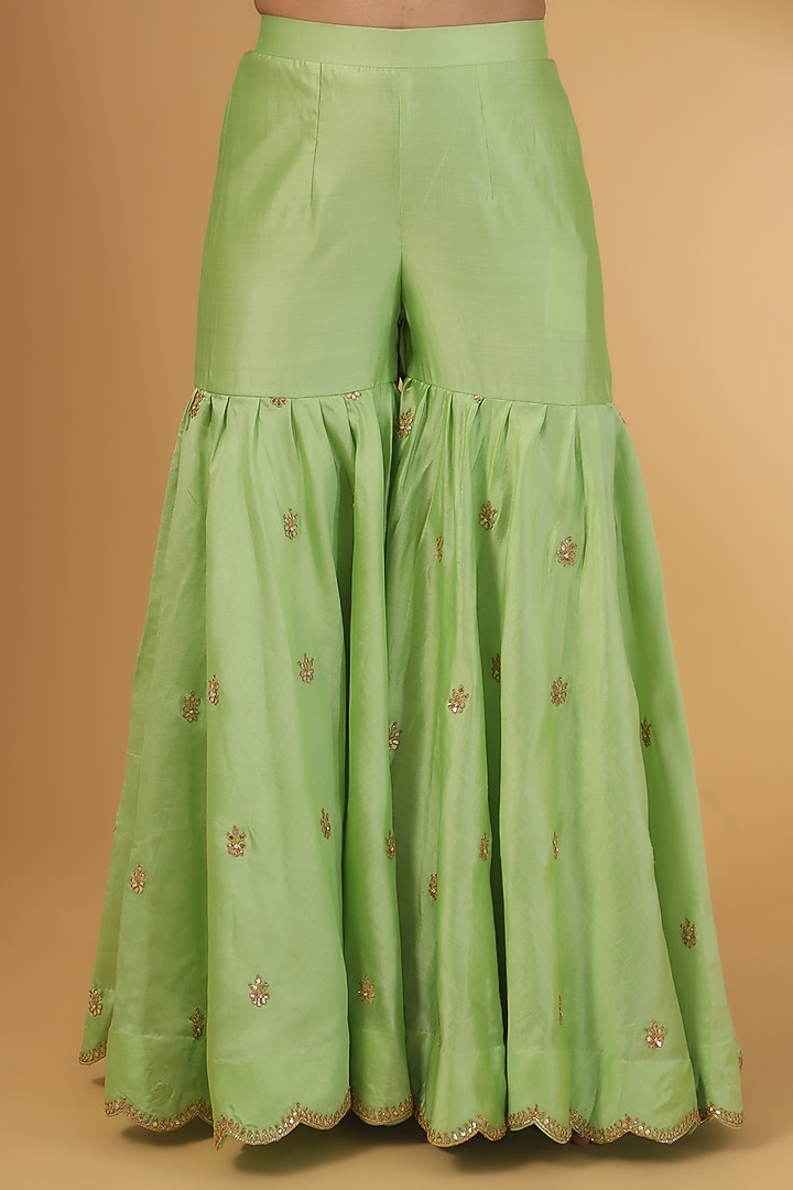 Pista Green Pure Spun Silk Gota Marori Work Wedding Sharara Set by SURBHI SHAH at Pernia's Pop Up Shop